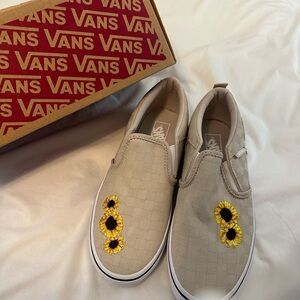 Vans Tan Slip-On Shoes with Sunflower Design